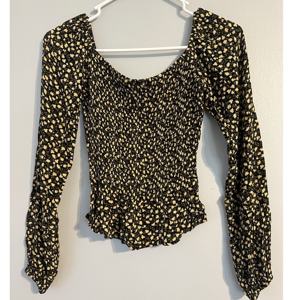 Hollister Black & Yellow Smocked Floral Long Sleeve Top